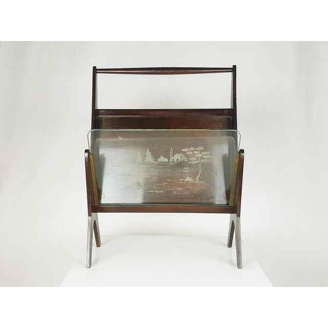 Stained plywood structure with brass & grinded glass Mid Century modern magazine rack. Original Vintage condition: wear...