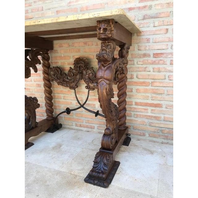 19th Century Console Carved Table Renaissance with Beige Marble Top For Sale - Image 4 of 18