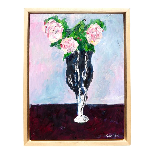 Three French Roses in a Vase, Oil Painting For Sale