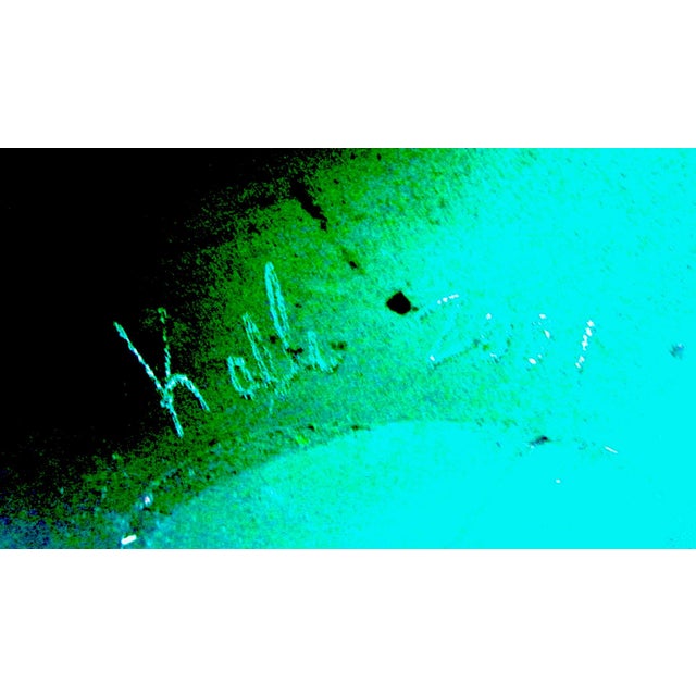 Emerald Emerald Hand-Blown Glass Decorative Bowl With Etched Circles and Rectangles For Sale - Image 8 of 9