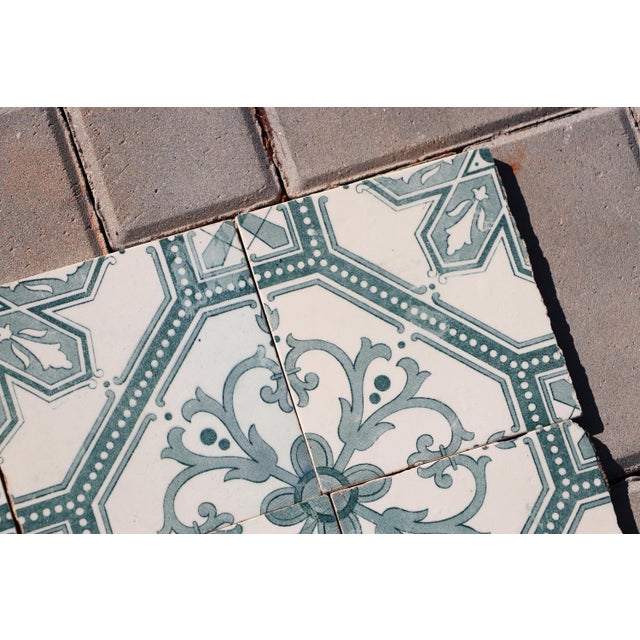 Art Deco Tiles Set of 8 Large Portuguese Sage Green & White Floral Geometric Design c.1920s For Sale - Image 14 of 16