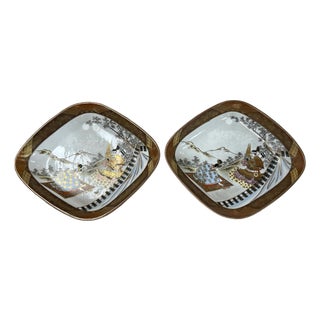 Pair Oriental Rhombus Shape Porcelain Plates Golden Scenery Graphic For Sale