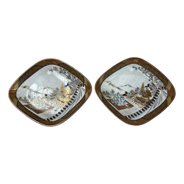 Pair Oriental Rhombus Shape Porcelain Plates Golden Scenery Graphic For Sale