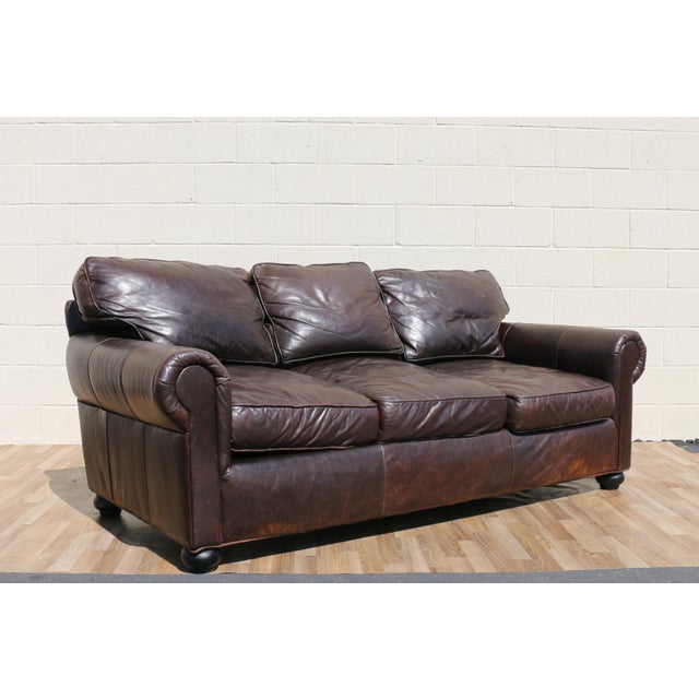 Animal Skin Restoration Hardware Brown Leather Three-Seat Sofa | Vintage Modern Down-Filled Cushions For Sale - Image 7 of 18