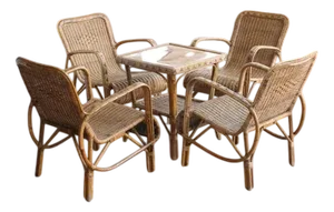Wicker Chairs and Coffee Table, 1950s, Set of 5