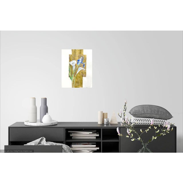 Bouquet of two lily's and an Iris on a gold watercolor background .Adele is a French artist who also works in France....