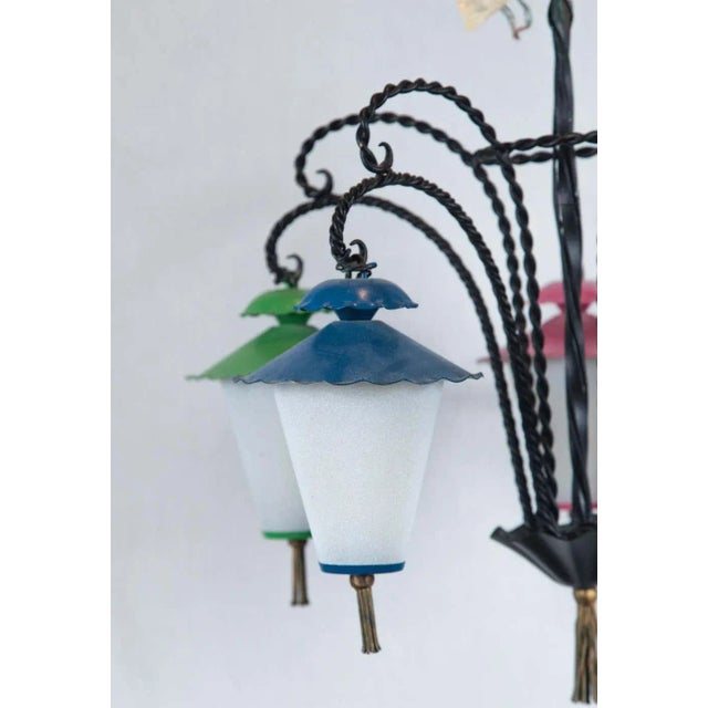Shabby Chic 1950s Japanese Wrought Iron 5 Lanterns Chandelier For Sale - Image 3 of 11