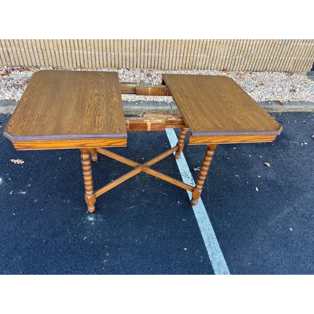English Antique Jacobean Style Oak Bobbin Leg Dining Table With Leaf For Sale - Image 3 of 12
