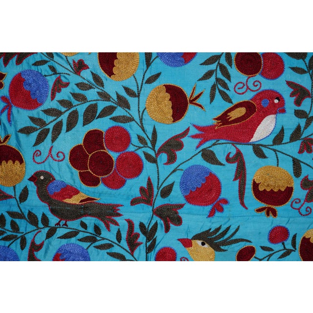 Blue Uzbek Suzani Textile – Peacock, Bird & Floral Motif Wall Art 3'4'' X 6 For Sale - Image 10 of 13