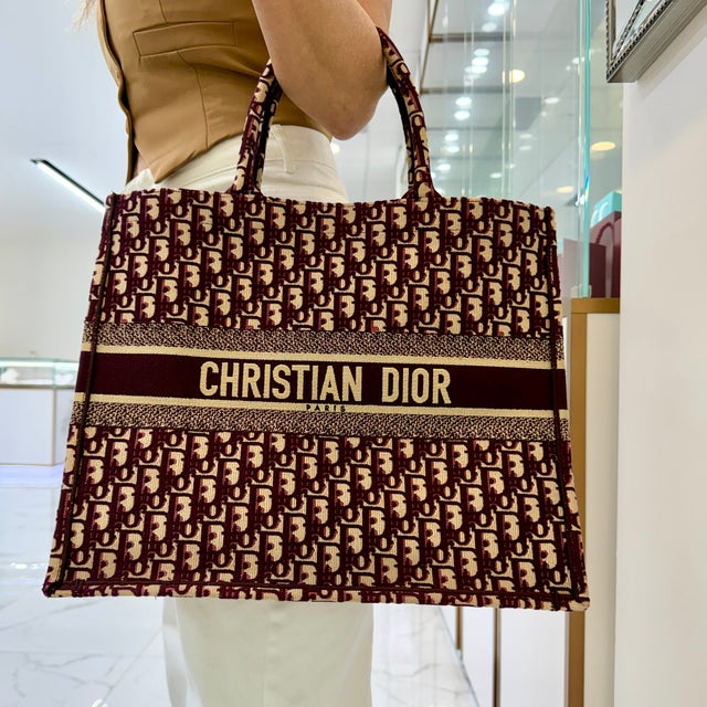 Red Christian Dior Book Medium Oblique Embroidery Burgundy Canvas Tote Bag For Sale - Image 8 of 8