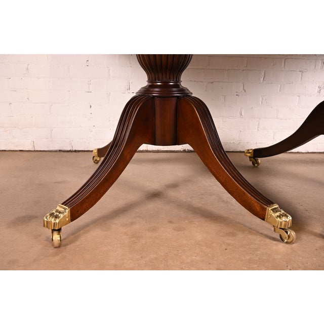 Baker Furniture Style Georgian Banded Mahogany Double Pedestal Extension Dining Table, Newly Refinished For Sale - Image 13 of 15