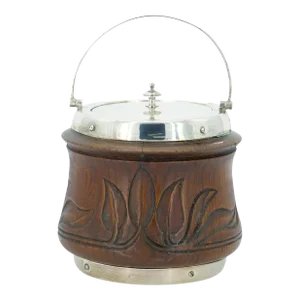 19th Century English Ice Bucket in Silver Plate and Hand Carved Oak