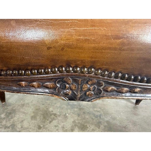 Brown French Louis XV Style Carved Bench With Distressed Leather Upholstery For Sale - Image 8 of 9