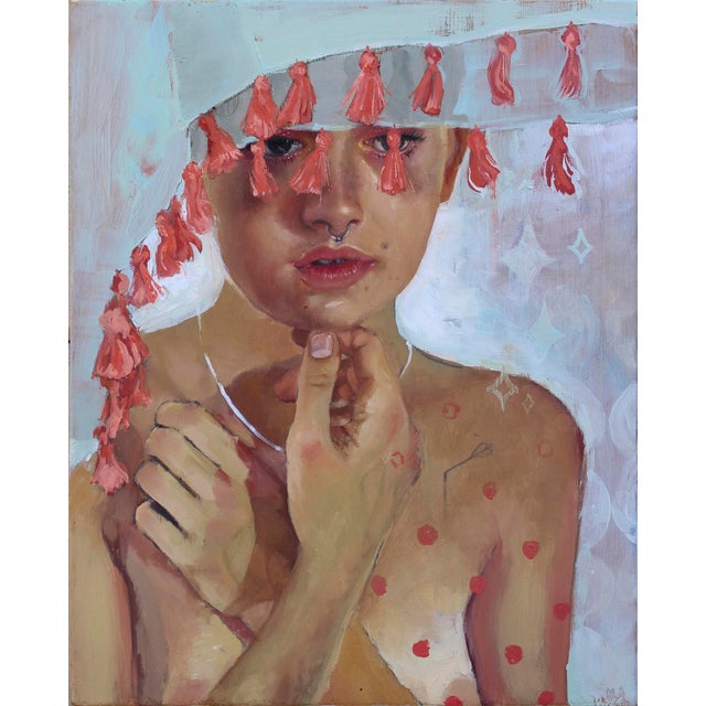 The artwork depicts a young figure adorned with a striking headdress featuring vibrant tassels, creating a playful yet...