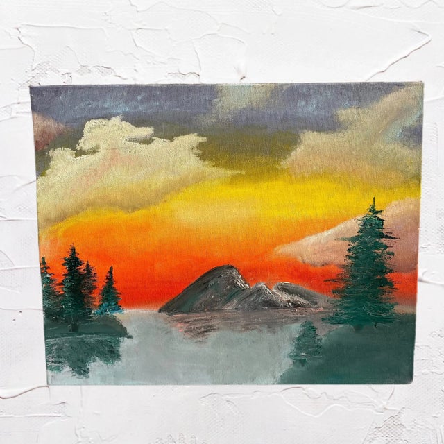 Bob Ross Style Acrylic Sunset Painting Colorful Landscape Chairish