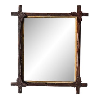 Antique Folk Art Carved Wood Tramp Adirondack Gilt Mirror in Brown and Gold For Sale