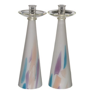 1980s Post Modern Tall White Glass Trumpet Candlesticks Holders - a Pair For Sale