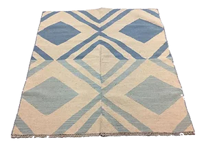 Vintage Turkish Blue & Beige Wool Square Tribal Kilim Rug, 1960s