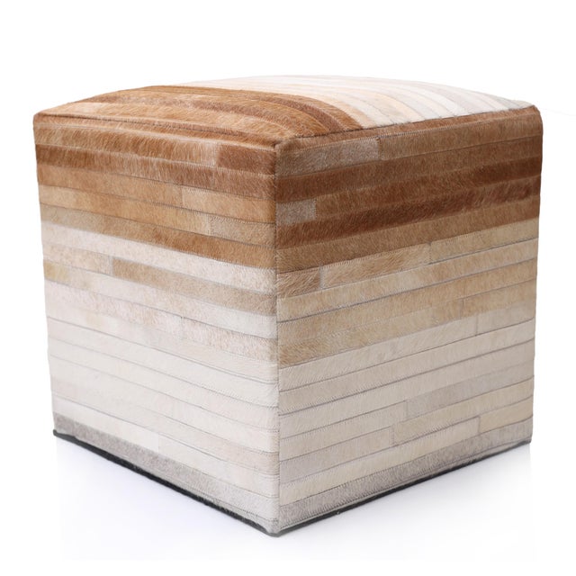 Handmade Cowhide Leather Ombre Ottoman Pouf 18x18x18 in Gradient Beige Brown For Sale - Image 4 of 7