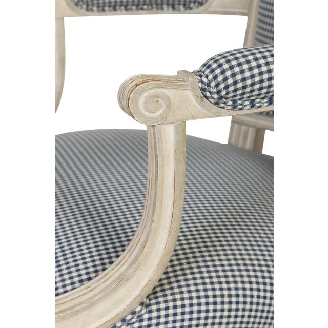 Pair of Painted Louis XVI Style Armchairs in Blue and White Gingham For Sale - Image 4 of 5