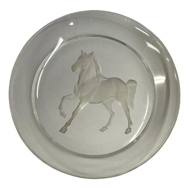 Clear Glass Back Relief Carved Horse Round Display Disc For Sale