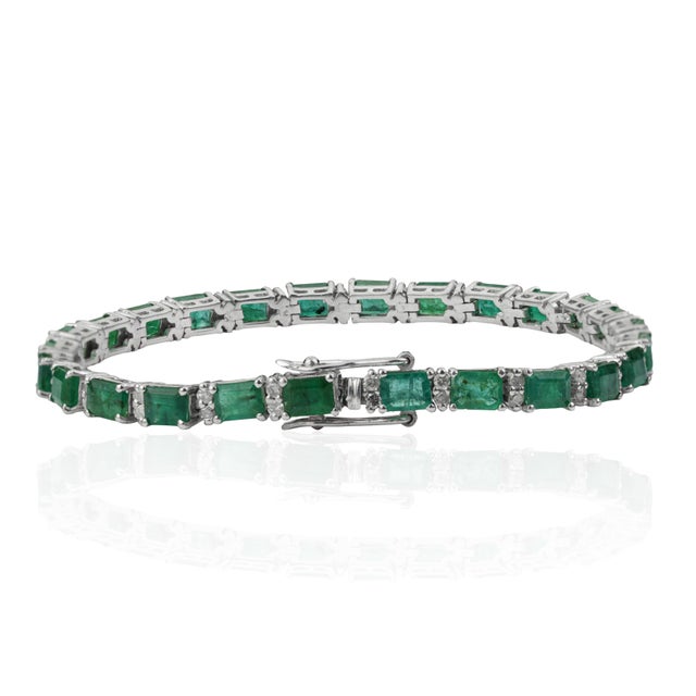 Not Yet Made - Made To Order Regal 12 Ct Emerald & Diamond Line Tennis Bracelet in 925 Sterling Silver, 7 Inch For Sale - Image 5 of 14