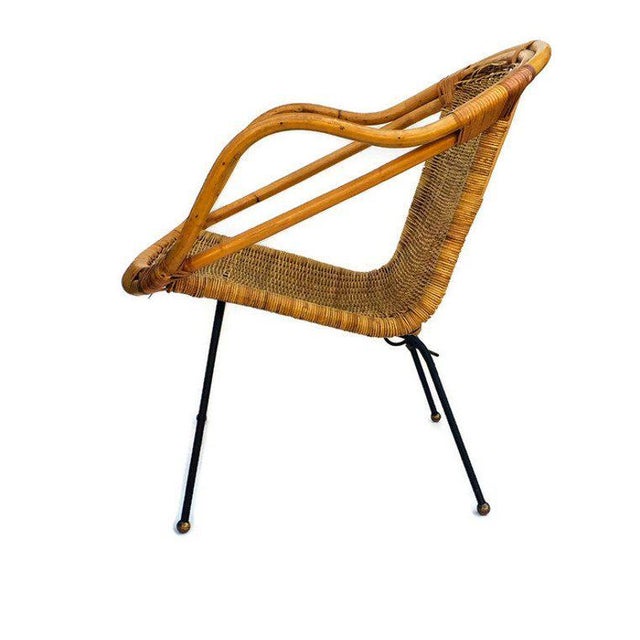 Mid Century Rattan Sculpted Bamboo Hoop Chair Cast Iron Legs