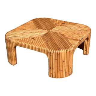 Vintage Split Reed Bamboo Coffee Table With Waterfall Corners For Sale