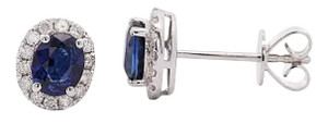Certified 1 Carat Oval Blue Sapphire Diamond Halo Stud Earrings - 2 Pieces
