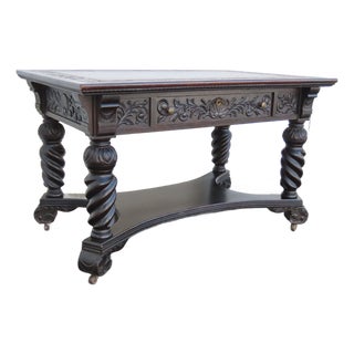 Early 1900s Heavy Carved Tiger Oak Library Console Table Partner Desk 6571a For Sale