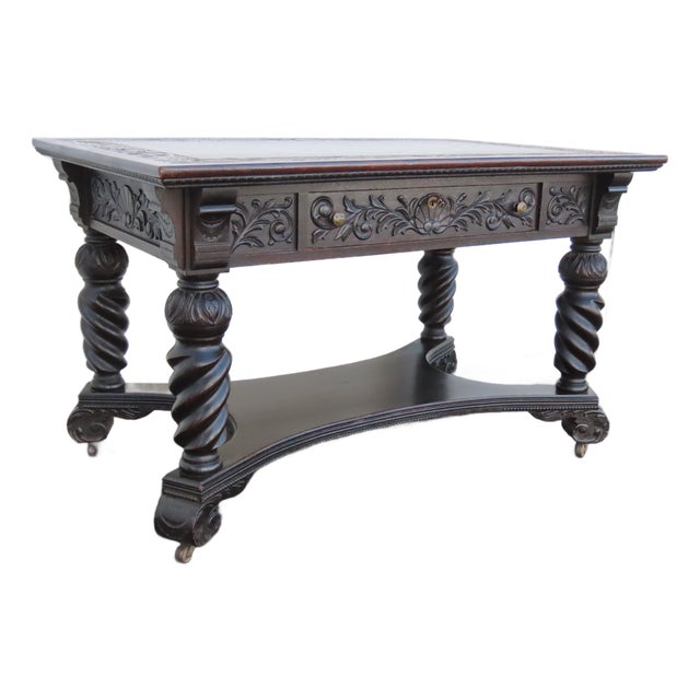 Early 1900s Heavy Carved Tiger Oak Library Console Table Partner Desk 6571a For Sale