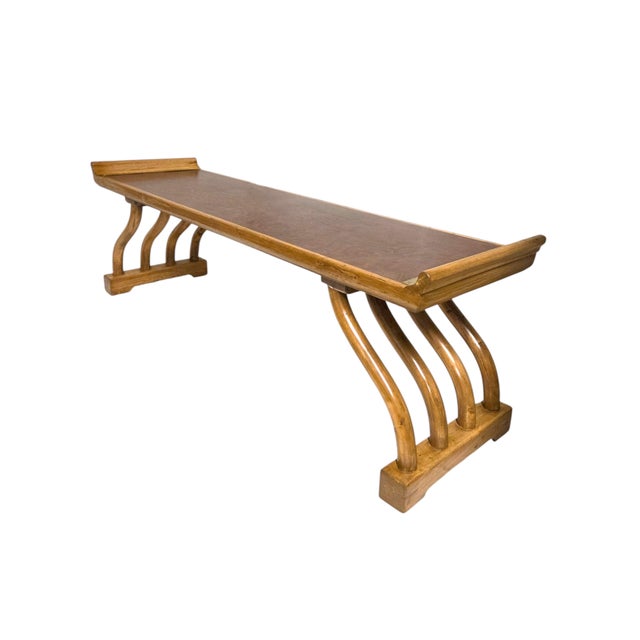 1960s Figured Wood Grain and Brass-Trimmed, Curved Leg Bench, Seat, Low Dining Zataku Table/Kotatsu, For Sale - Image 11 of 17
