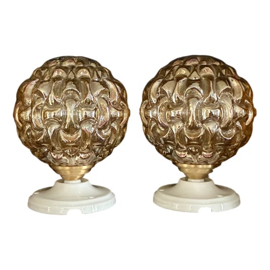 Globes Wall Lights in Amber Glass and Ceramic, 1970, Set of 2 For Sale