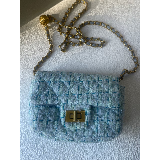 Baby Blue Tweed Mini Shoulder Bag With Chain For Sale - Image 8 of 8