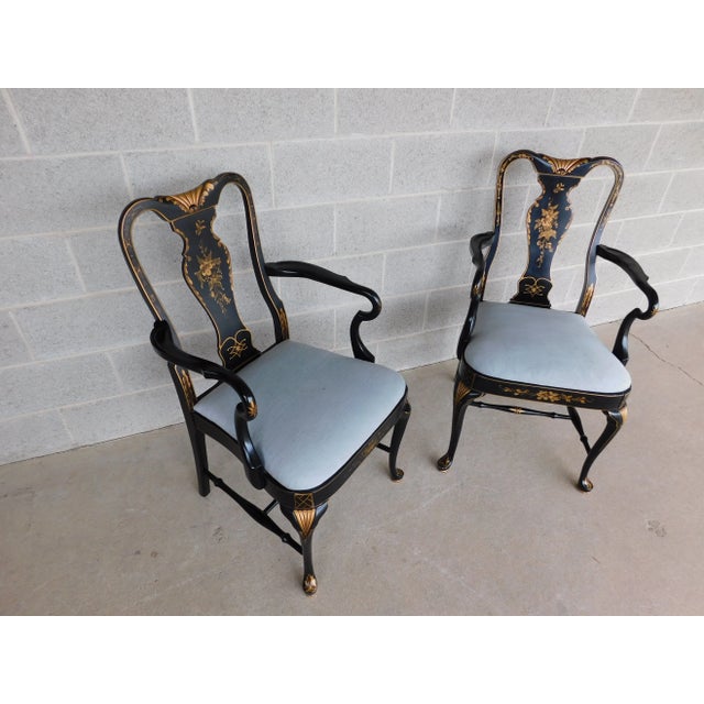 Mid 20th Century Vintage Georgian Style Chinoiserie Decorated Black Lacquer Arm Chairs - A Pair For Sale - Image 5 of 18
