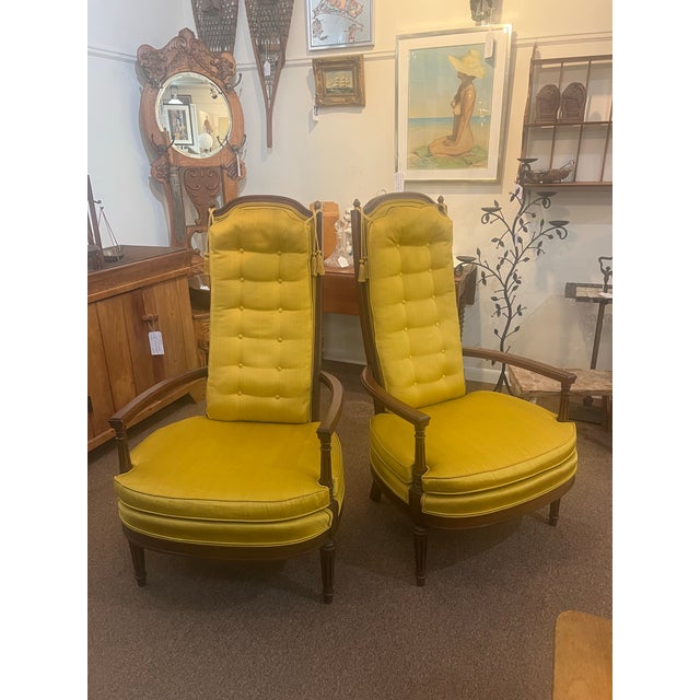 o-Beautiful French Neo-classic solid wood fireside arm lounge chairs. These are in excellent condition with very minor...