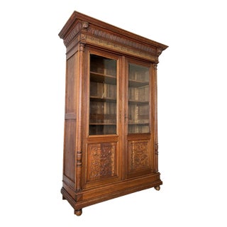 Antique French Glazed Display Oak Cabinet For Sale
