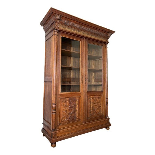 Antique French Glazed Display Oak Cabinet For Sale
