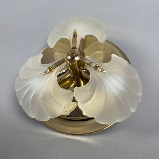 Metal Vintage Ceiling Lamp in Polished Brass Leaves and Satin Glass, 1970s For Sale - Image 7 of 12