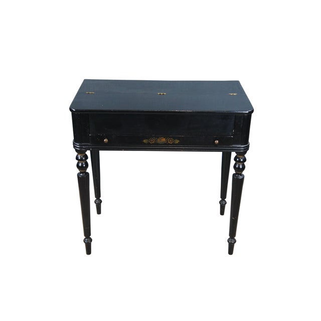 Vintage Hitchcock style black lacquered writing desk featuring Harvest stenciled accents and multiple drawers and cubbies....