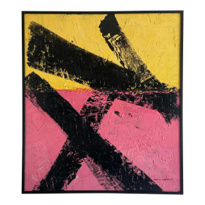 Traction Framed Oversize Abstract Black Stroke on Yellow and Pink Painting