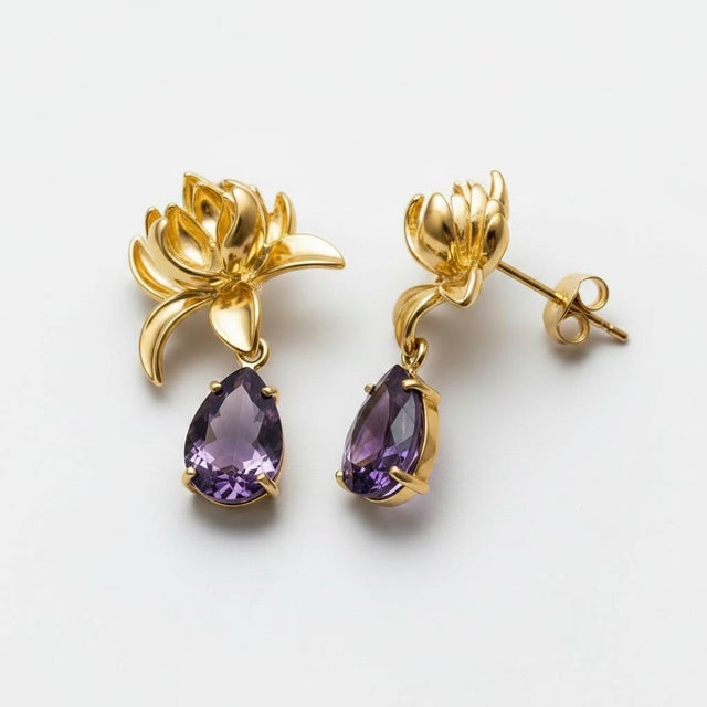 Lotus Amethyst Drop Earrings, Pair For Sale - Image 4 of 7