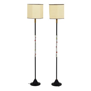 Enameled Metal Floor Lamps with Hexagonal Lampshades by Angelo Brotto for Esperia, 1950, Set of 2 For Sale