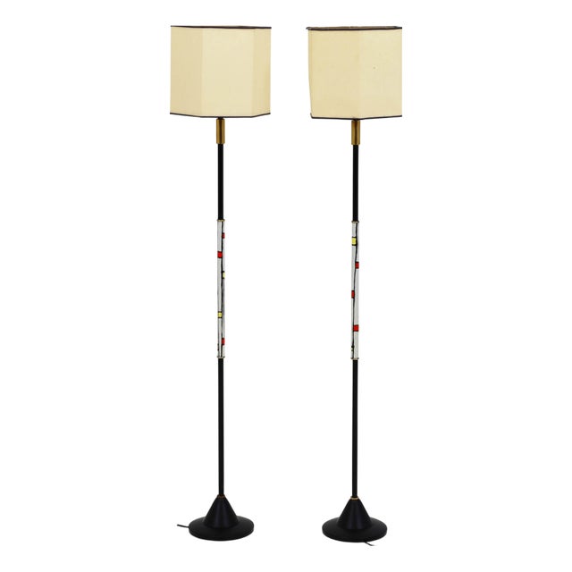 Enameled Metal Floor Lamps with Hexagonal Lampshades by Angelo Brotto for Esperia, 1950, Set of 2 For Sale