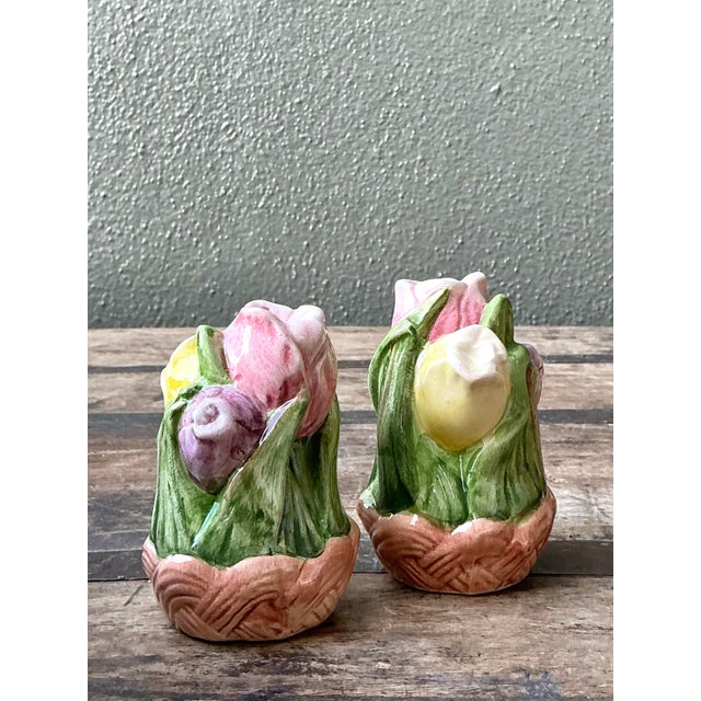 Vintage Glazed Ceramic Tulip Salt and Pepper For Sale In West Palm - Image 6 of 12