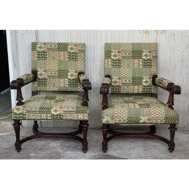 Louis XVI Style Spanish Pair of Carved Walnut Armchairs, 1900s For Sale - Image 17 of 18