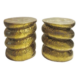 Rare Vintage Pair Arthur Court Patchwork Brass Over Wood Side Tables Signed 1980 For Sale