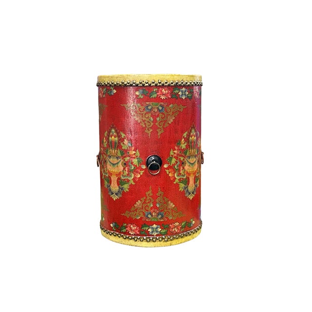 1990s Distressed Red Lotus Tibetan Style Jewel Tower Graphic Round Drum Table For Sale - Image 5 of 8