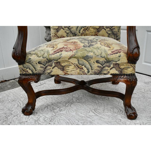 1950s Renaissance Revival Armchair High Back Carved Floral Tapestry For Sale - Image 4 of 13