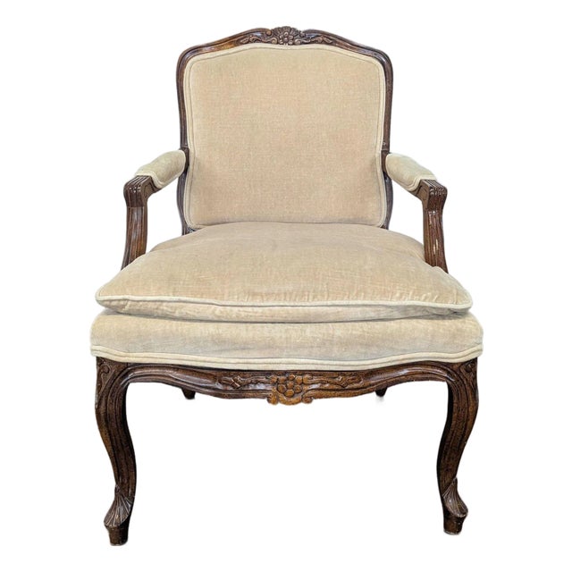 Louis XV Style Carved Wood Velvet Fauteuil Armchair For Sale